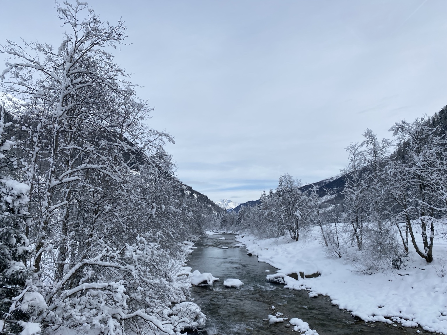 Verschneiter Flusslauf zwischen winterlichen Bäumen in Osttirol